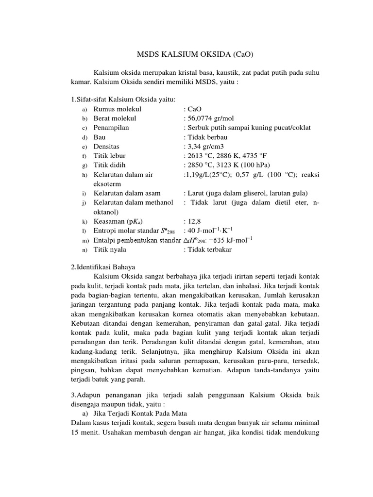 Msds Kalsium Oksida 2 | PDF