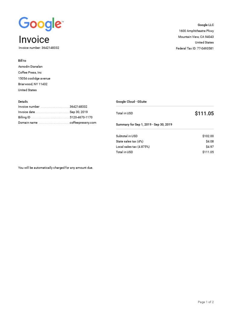 Google Cloud GSuite Invoice #3642148332 | PDF | Business Documents | Google