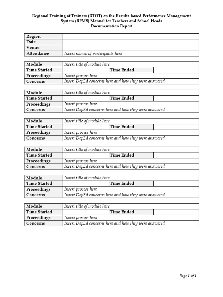 RTOT RPMS Documentation Report Template PDF