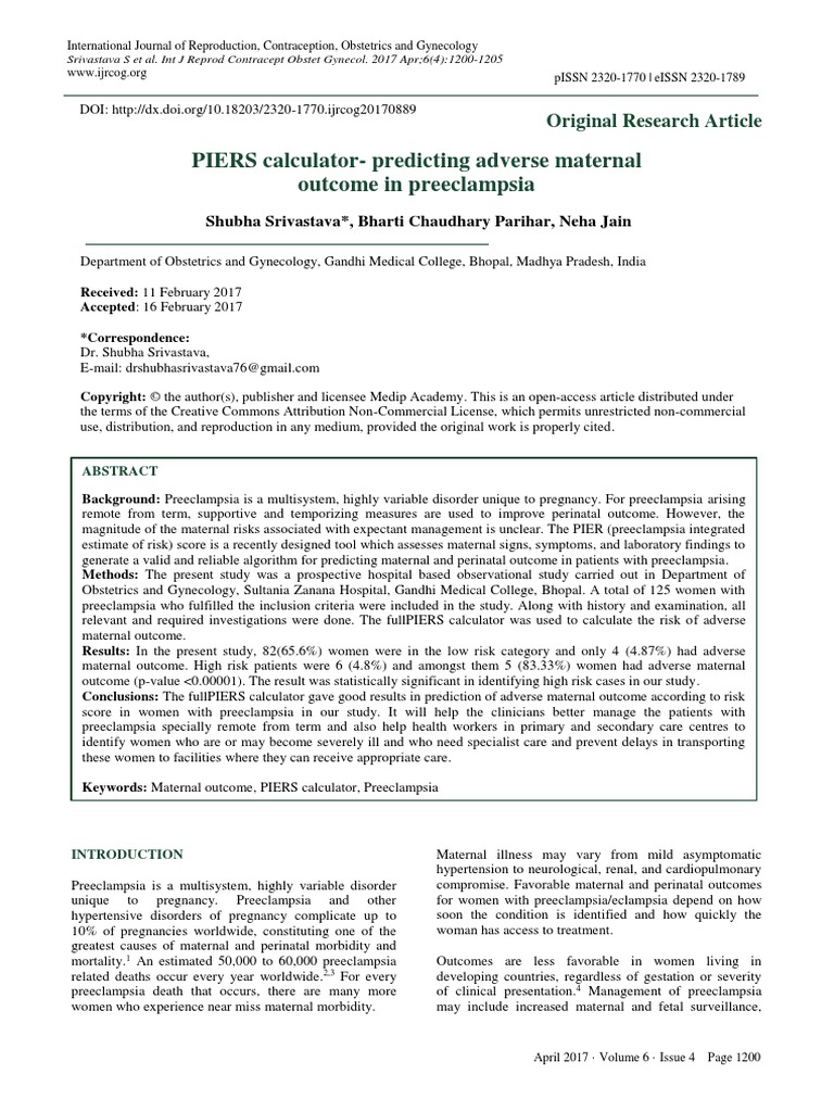 Pears Index For Preeclampsia PDF Maternal Health Medical Specialties