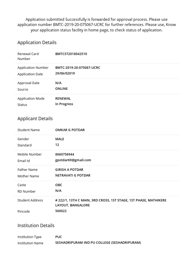 Application Status for BMTC Renewal | PDF