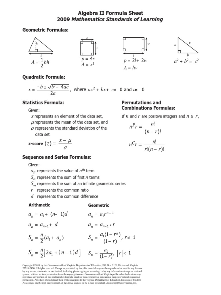 2009 Sol Formula Sheet Algebra2 PDF | PDF | Mean | Integer