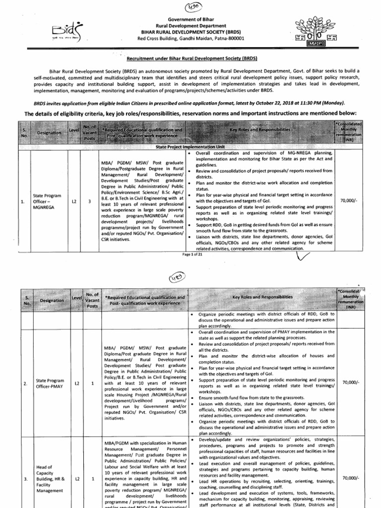 Recruitment Announcement for Key Positions at the Bihar Rural