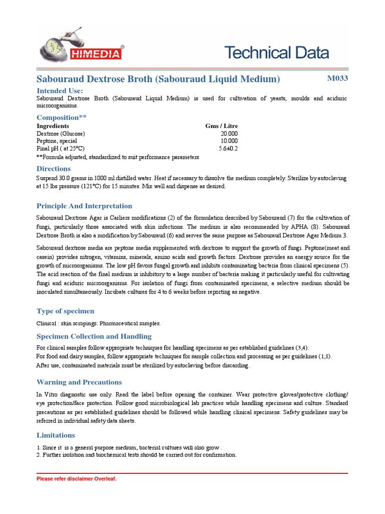 Sabouraud Dextrose Broth (Sabouraud Liquid Medium) : Intended Use | PDF ...