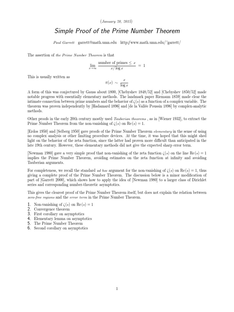 Simple Proof of the Prime Number Theorem | PDF | Prime Number | Complex ...