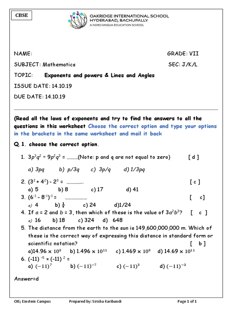 Grade 7 Maths: Exponents & Angles Worksheet | PDF | Angle | Triangle
