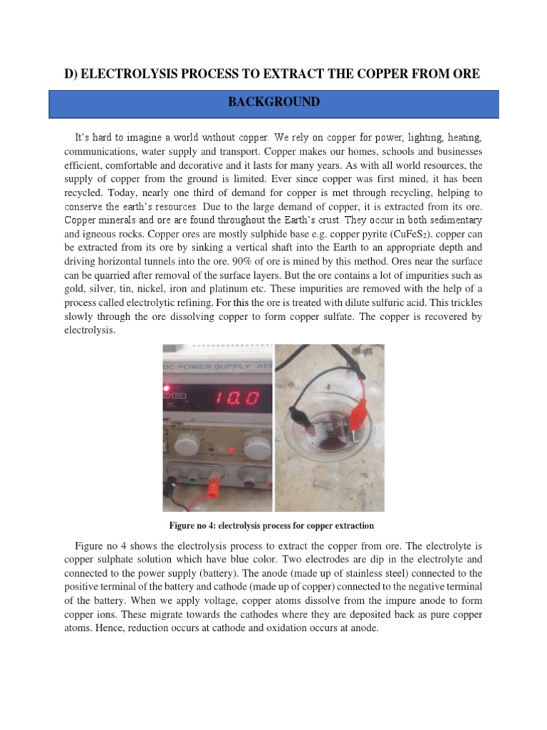D) Electrolysis Process To Extract The Copper From Ore Background PDF