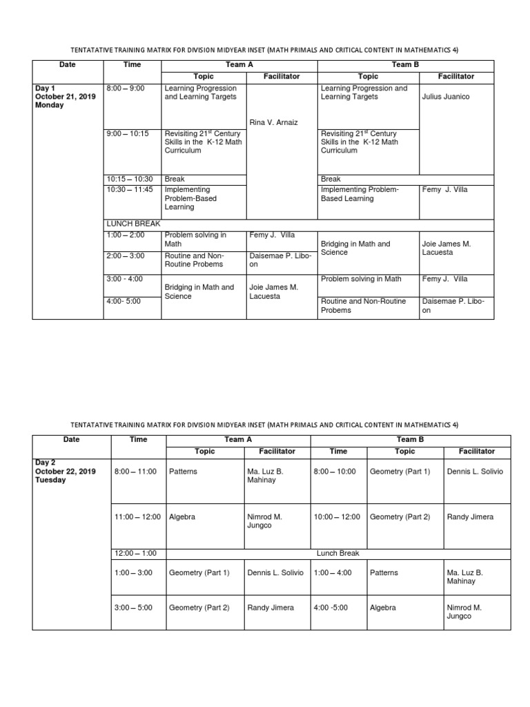 Training Matrix Mid Inset 2019 | PDF | Teaching | Teaching Mathematics