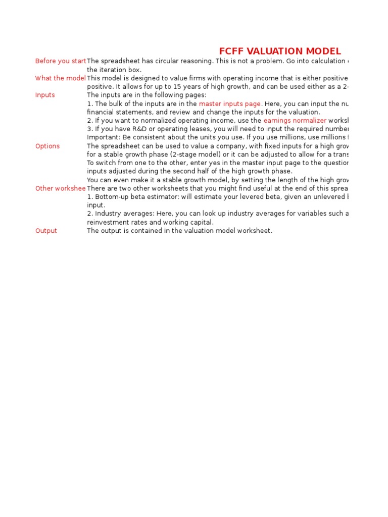 FCFF Valuation Model Guide | PDF | Book Value | Earnings Before Interest