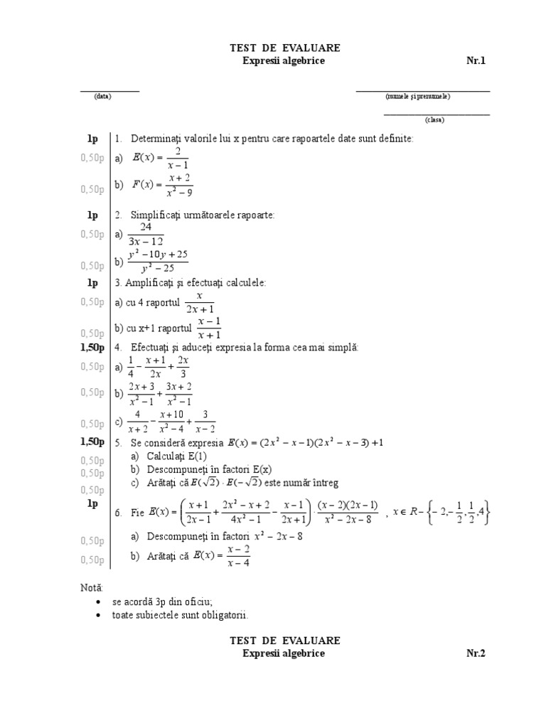 Test Expresii Algebrice 8 | PDF