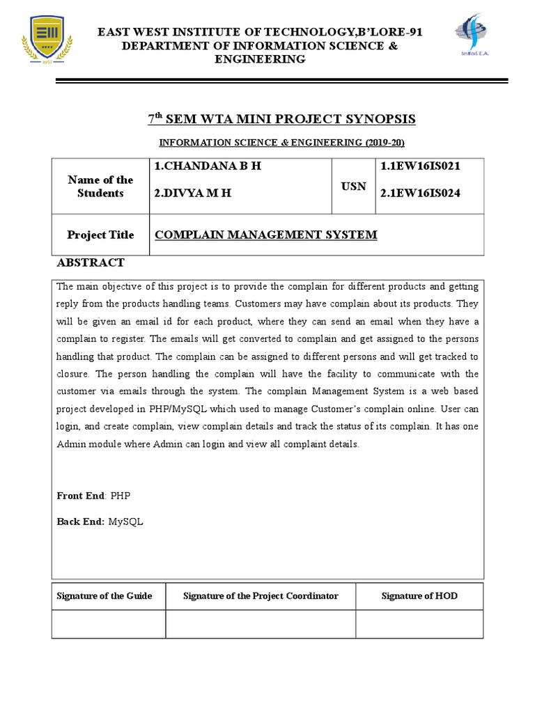 Complain Management System Project Synopsis | PDF | Business | Computers