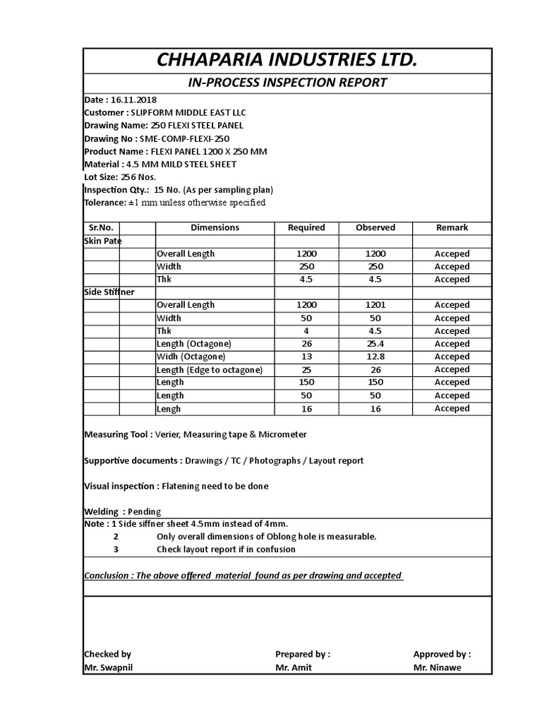 Chhaparia Industries LTD.: In-Process Inspection Report | PDF | Pipe ...