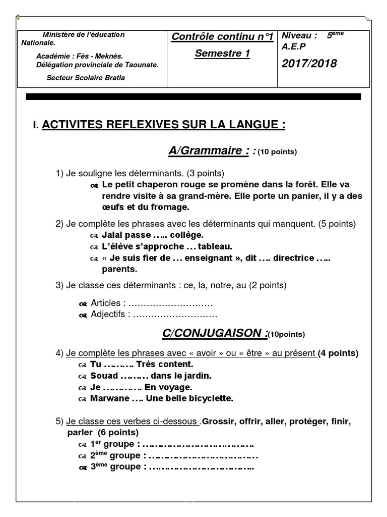 Exercices Français 5ème à Imprimer Devoir 1 Parlier 1 Francais 1trim 5aep | PDF | Grammaire | Sémiotique