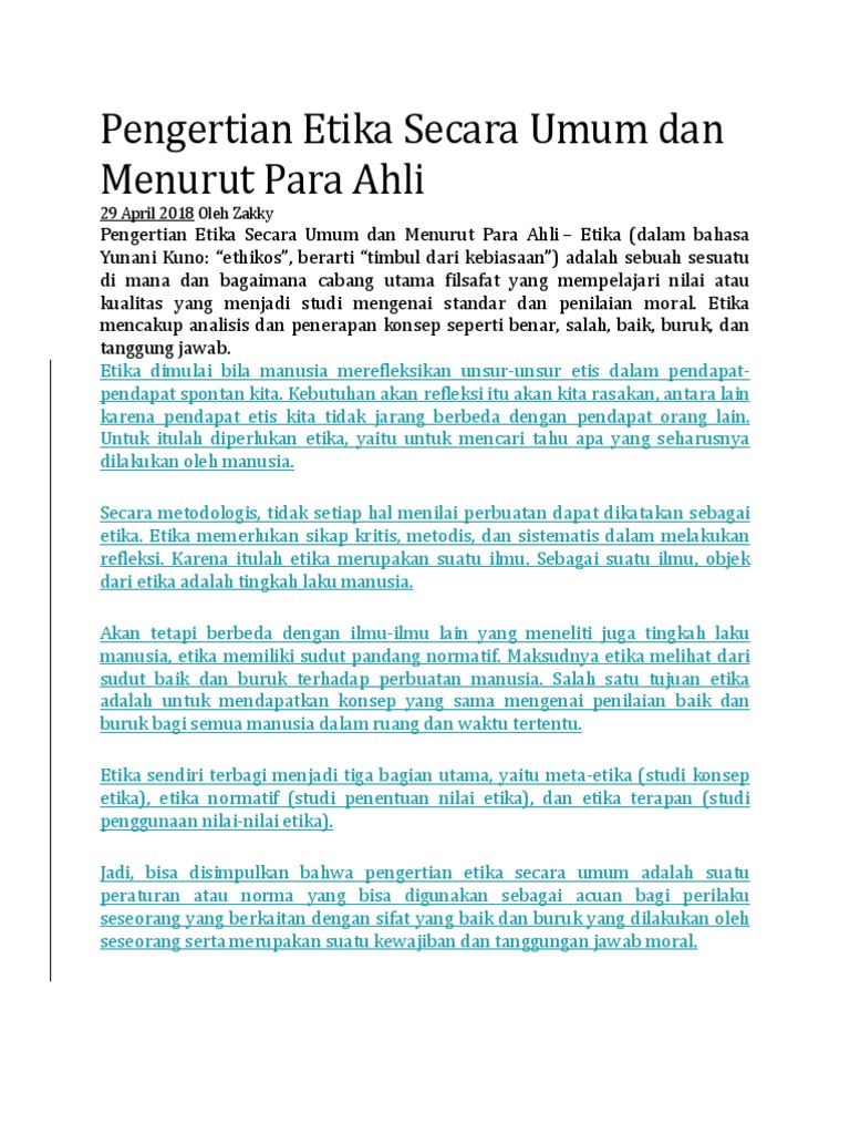 Pengertian Etika Secara Umum Dan Menurut Para Ahli 1 Docx