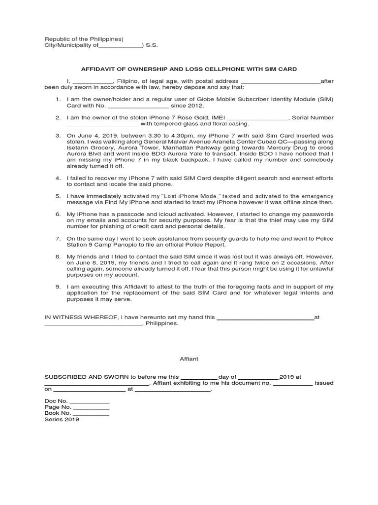 Affidavit of Lost Cellphone and SIM | PDF | Mobile Phones | Affidavit