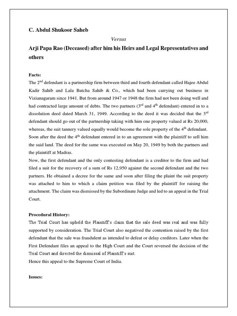 Case Brief For Abdul Shukoor vs. Arji Papa Rao | PDF | Civil Law (Legal  System) | Lawsuit