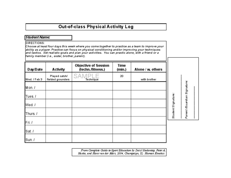 OutOfClass Physical Activity Log PDF