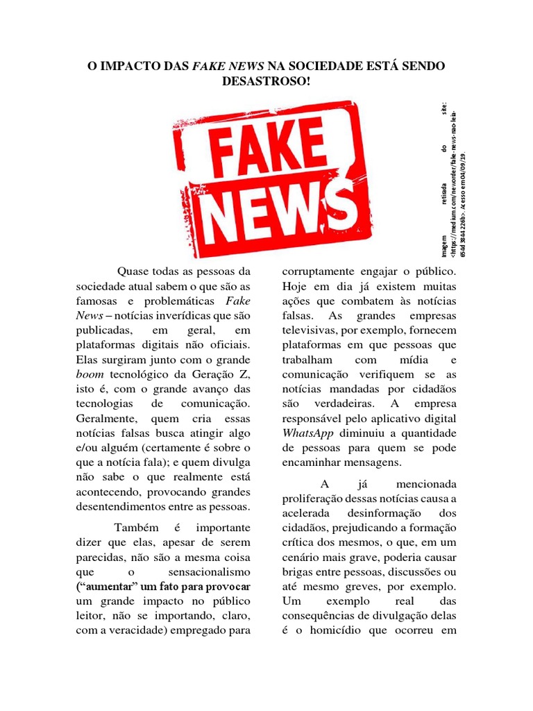 Redação Sobre Fake News Pronta 20 Linhas