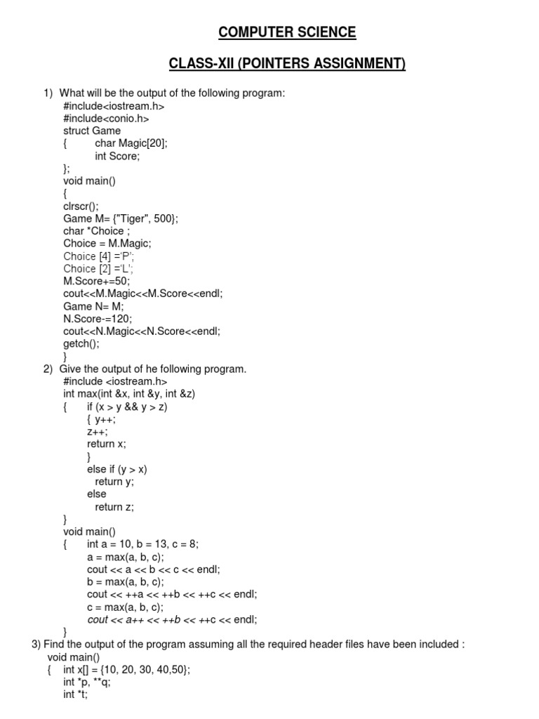 Computer Science Class-Xii (Pointers Assignment) : Cout A++ ++B ++C ...