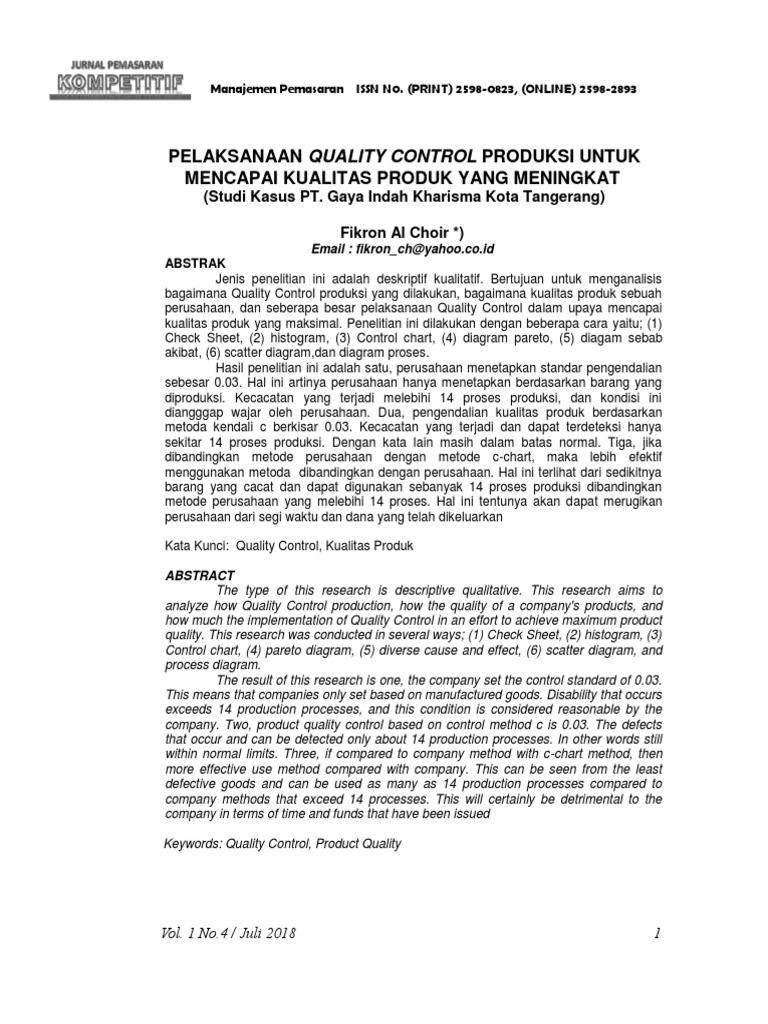 Pelaksanaan Quality Control Produksi Untuk Mencapai Kualitas Produk