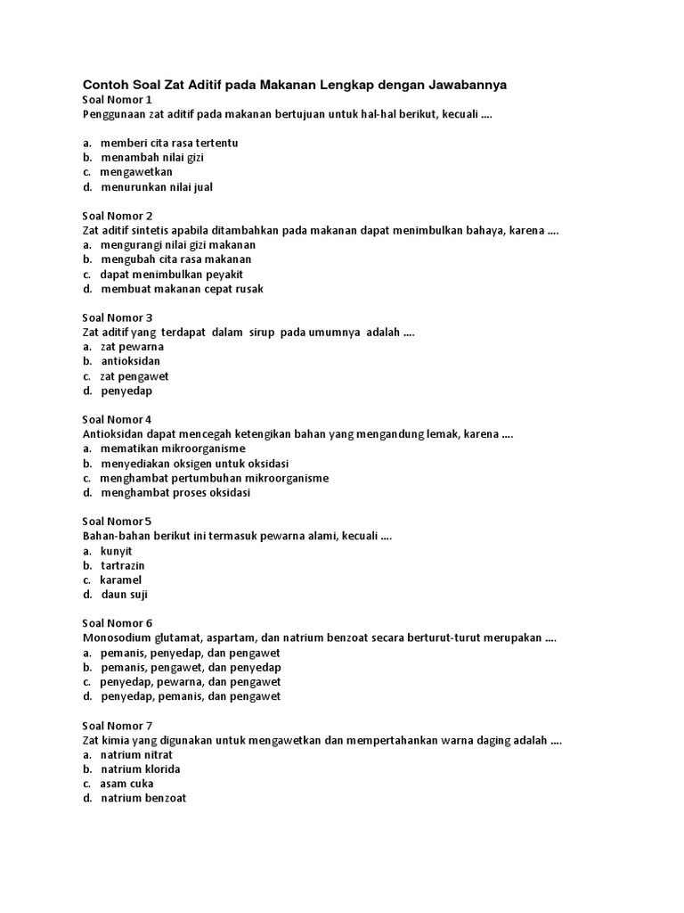 Contoh Soal Tentang Zat Aditif Beserta Jawabannya - Jejak Guru