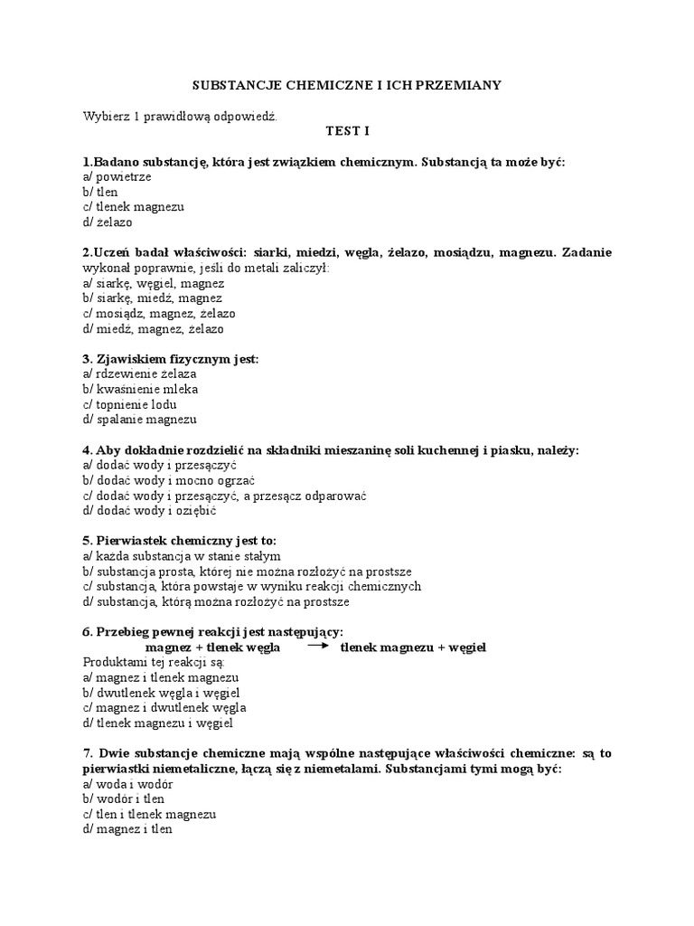 Substancje I Ich Przemiany Sprawdzian Klasa 7 Odpowiedzi