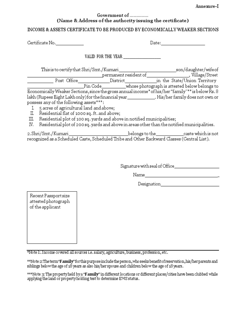 EWS Income & Assets Certificate Format | PDF