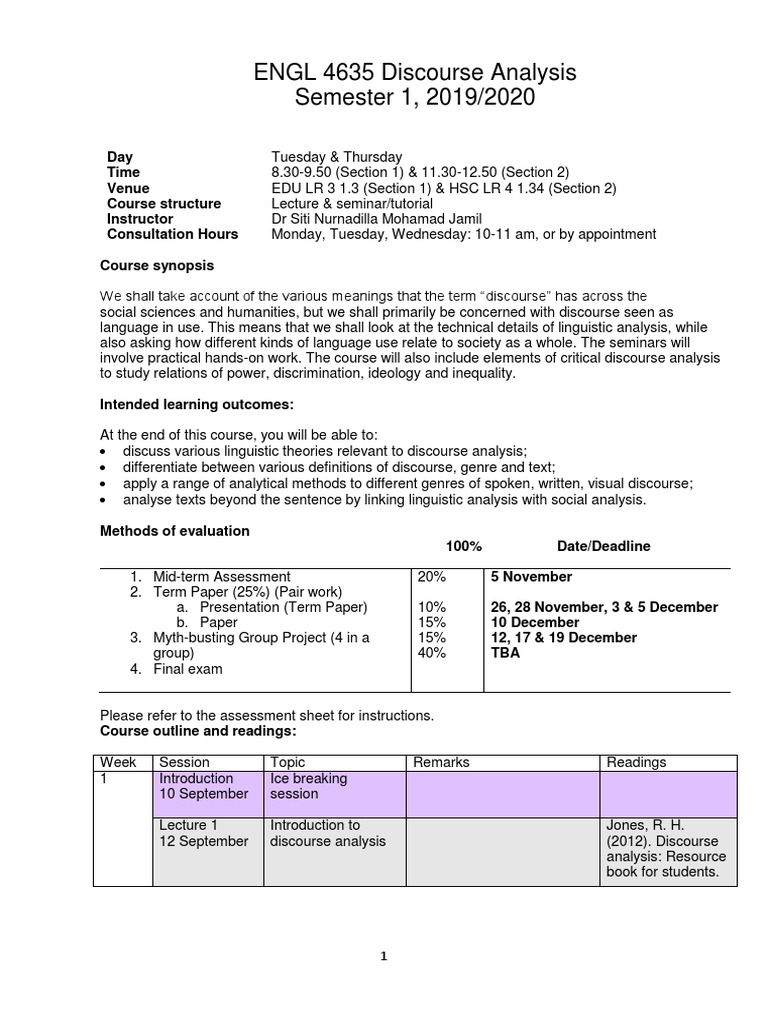 Discourse Analysis Course Overview | PDF | Lecture | Linguistics