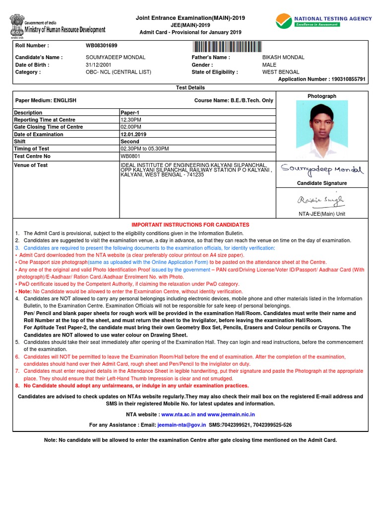 JEE Main 2019 Admit Card Instructions | PDF | Identity Document ...