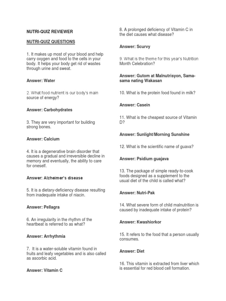Nutri-Quiz Reviewer Questions Answers | PDF | Vitamin | Nutrients