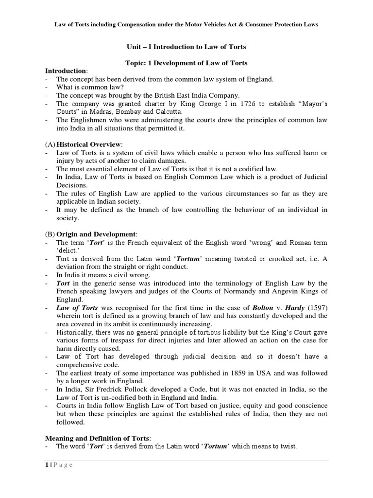 An Introduction to the Fundamental Principles of the Law of Torts in
