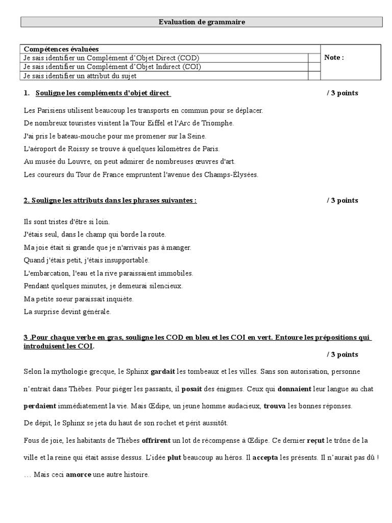évaluation Attribut Du Sujet Cm2 Pdf Evaluation de Grammaire Cod Coi Attribut | PDF | Sujet (Grammaire) |  Mécanique du langage
