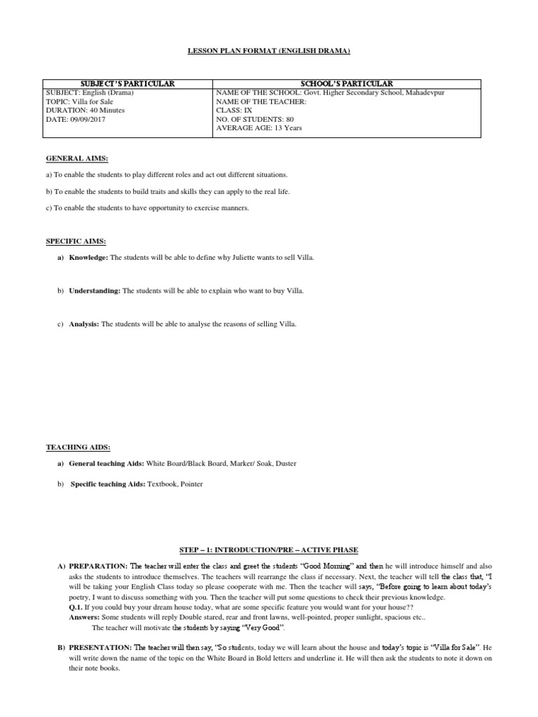 English Drama Lesson Plan: Villa for Sale | PDF | Textbook | Lesson Plan
