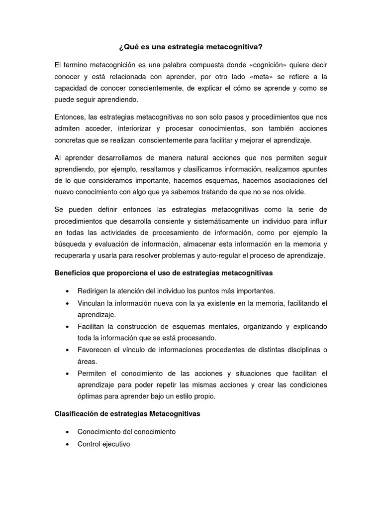 Estrategias Metacognitivas para Aprender | PDF | Teoria de la mente ...