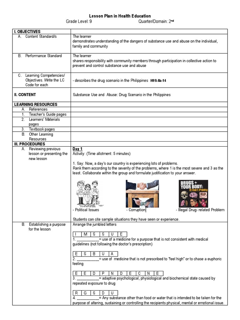 Substance Abuse Lesson Plan for Grade 9 | PDF | Substance Abuse | Mdma