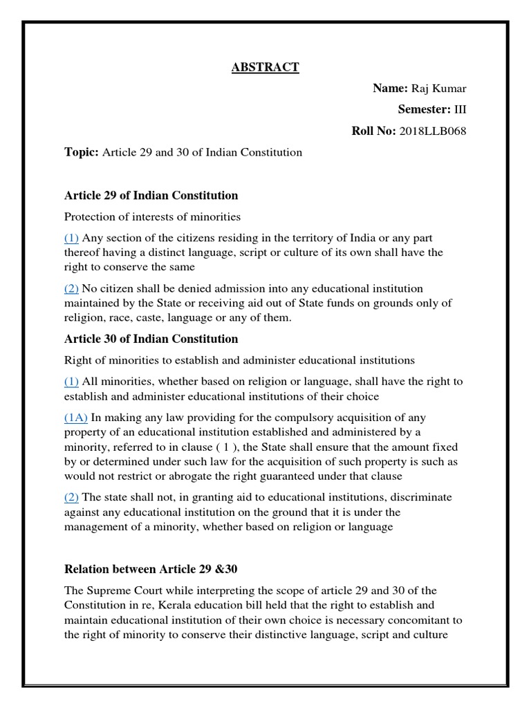 Articles 29 And 30 – Article 29 of Indian Constitution – JWGAQA