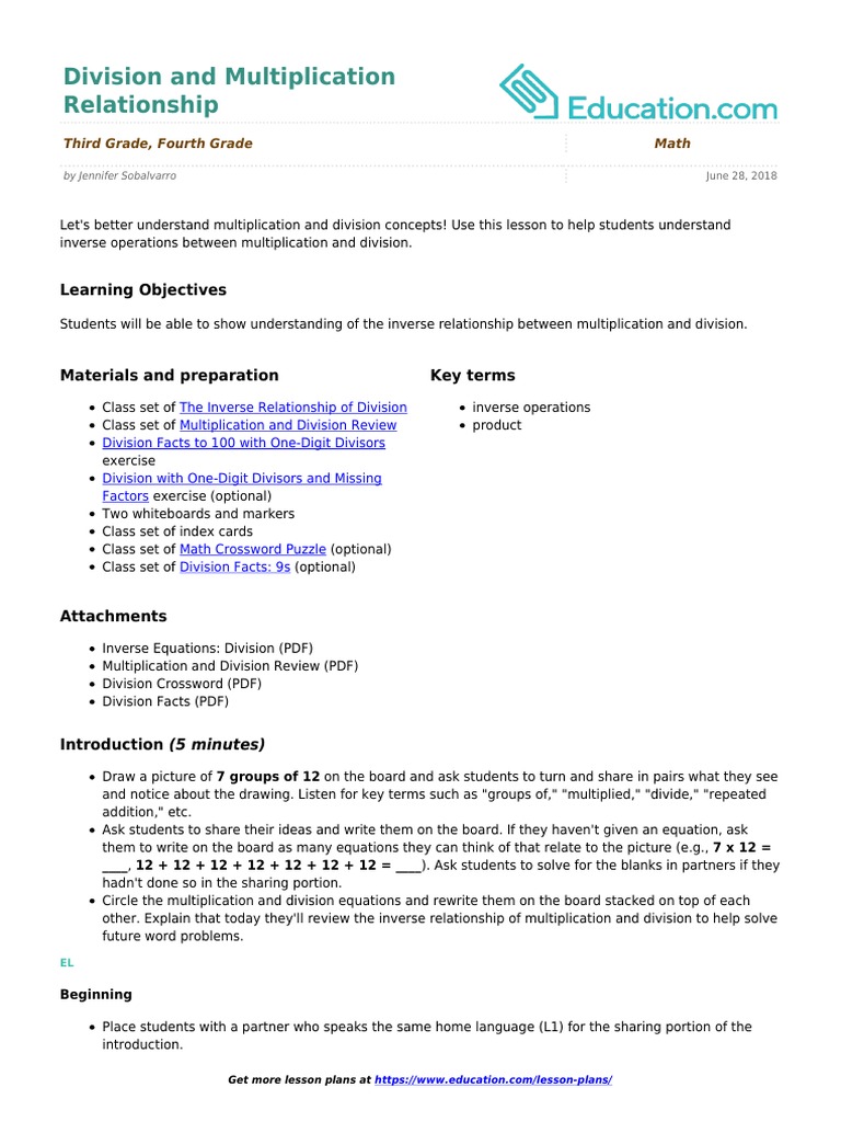 division and multiplication relationship pdf multiplication lesson plan