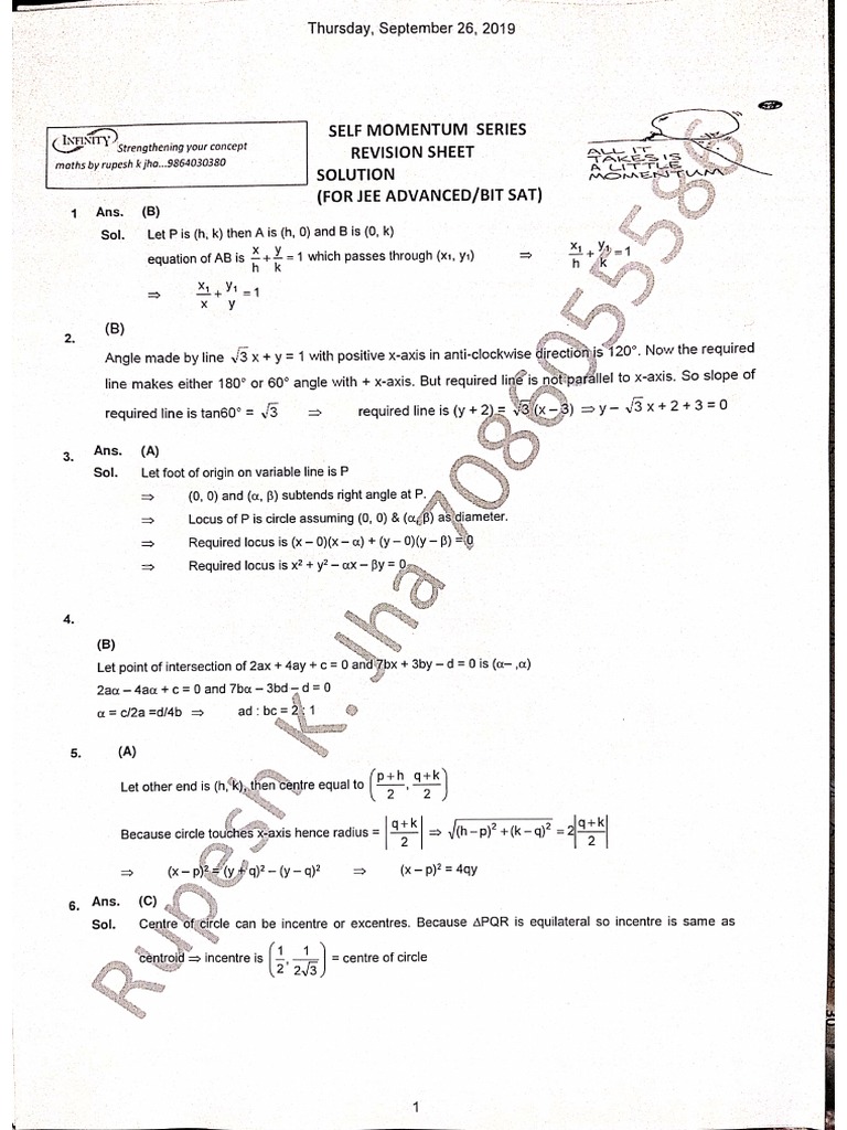 sOLUTION ST LINE CIRCLE JEE MAIN ASSIGNMENT SHEET PDF | PDF