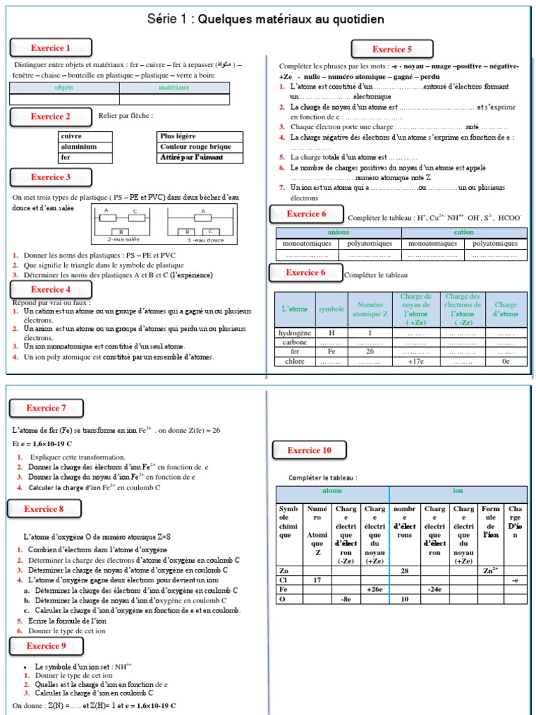 Exercices sur les ions et matériaux | PDF | Atomes | Ion