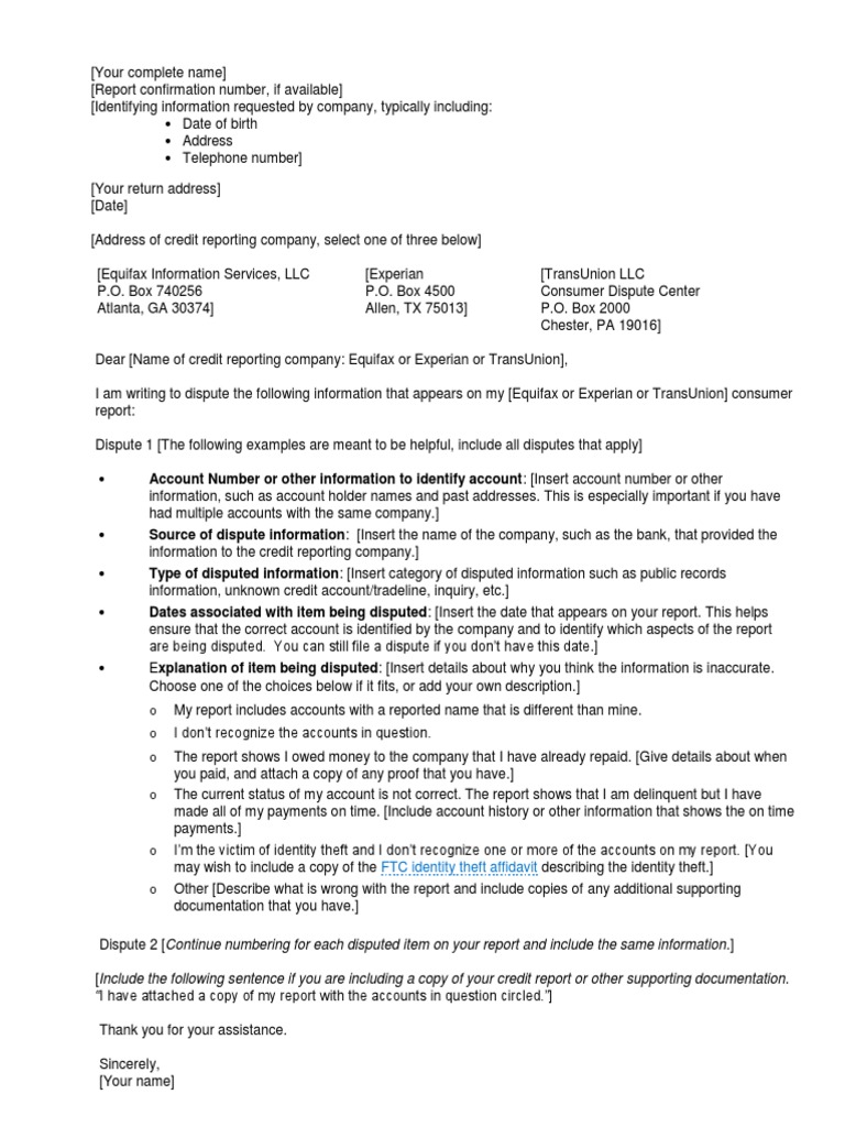 Credit Dispute Letter Template | PDF | Credit History | Identity Theft