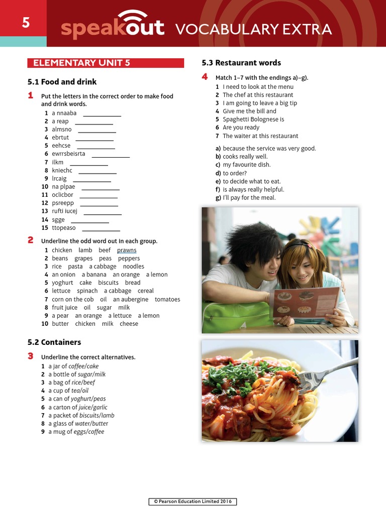 Speakout Vocabulary Extra Elementary Unit 5 | PDF | Restaurants | Foods