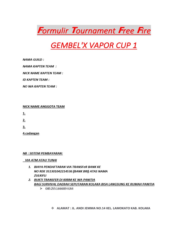 Formulir Tournament Ff Team Kjm