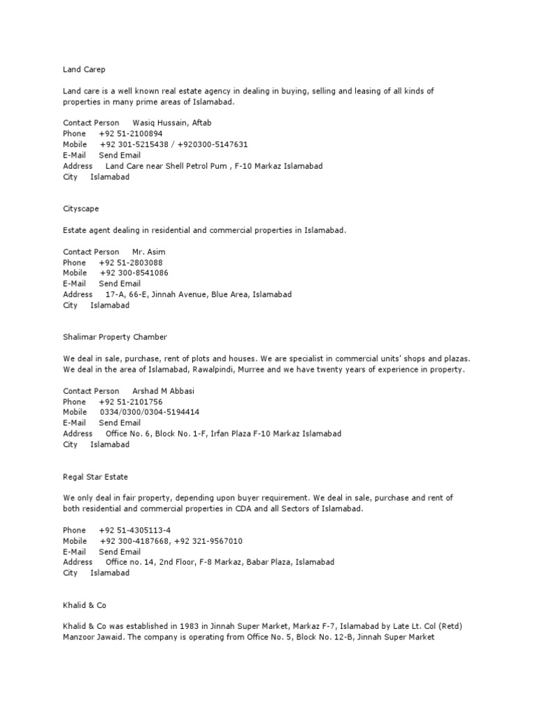 Property Dealers Phone Numbers PDF Islamabad World Politics