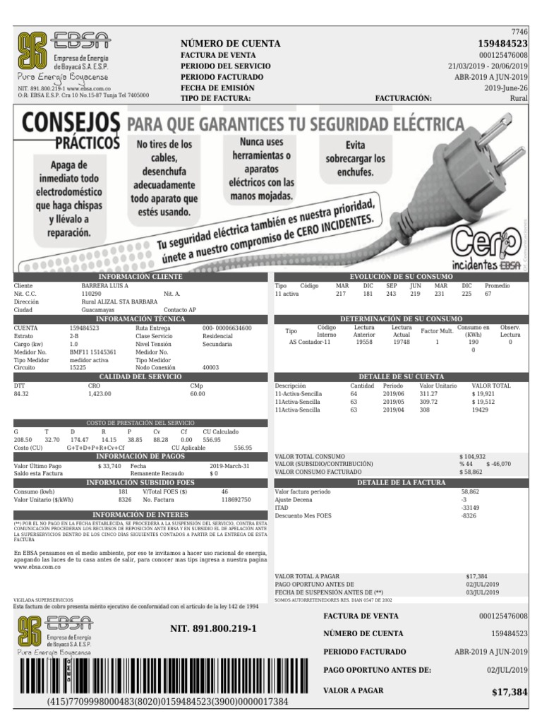 Factura EBSA: Pago y Detalles 2019 | PDF | Energia electrica | Poder ...