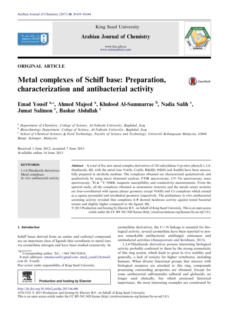 Metal Complexes of Schiff Bases: Antibacterial Study | PDF ...