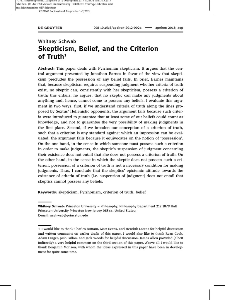 Skepticism Belief and The Criterion of T | PDF | Skepticism | Truth