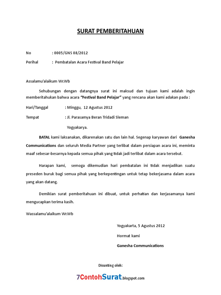 Contoh Surat Pemberitahuan Pembatalan Acara