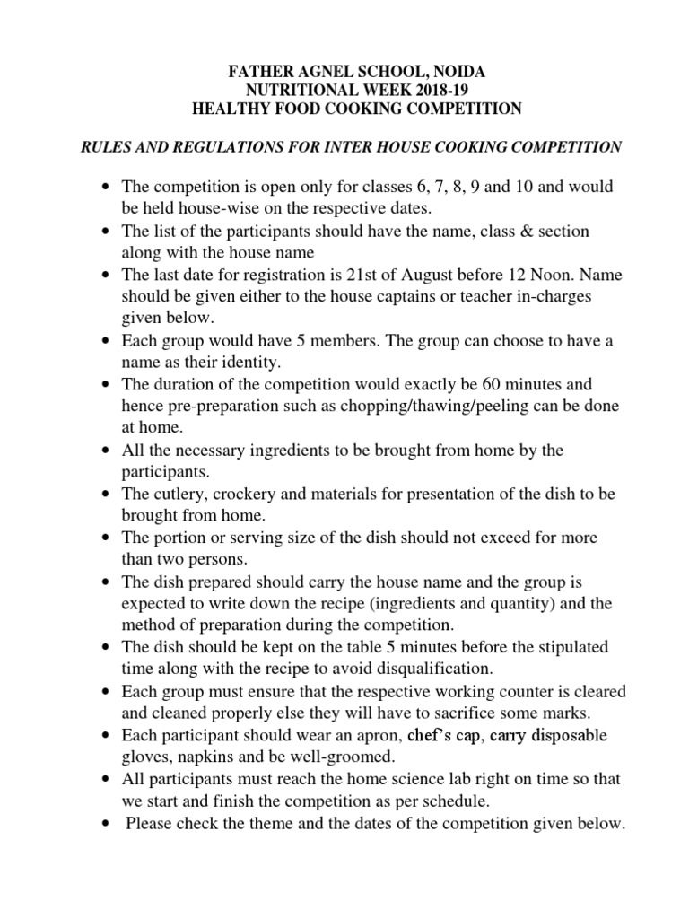 Rules and Regulations For Inter House Cooking Competition PDF Food
