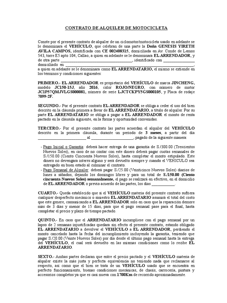 Contrato de Alquiler de Motocicleta | PDF | Alquiler