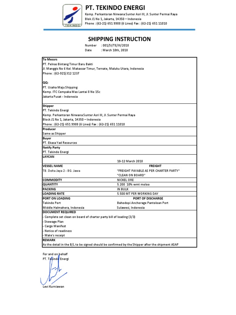 Shipping Instruction - JAWA N RTB2 | PDF | Cargo | Freight Transport
